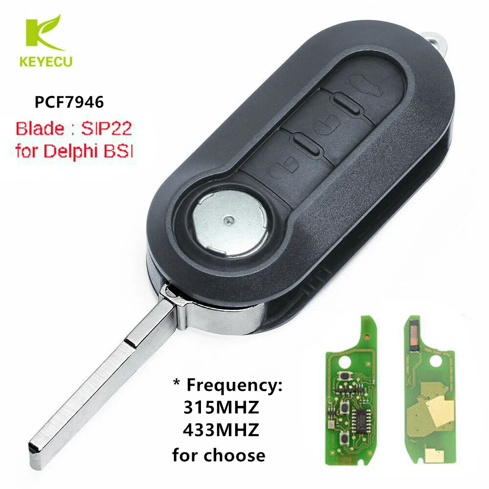 

KEYECU Replacement Flip Remote Car Key Fob 3 Button 315/433MHz PCF7946 for Fiat 500 Grande Punto Doblo Florino Qubo- D*elphi BSI