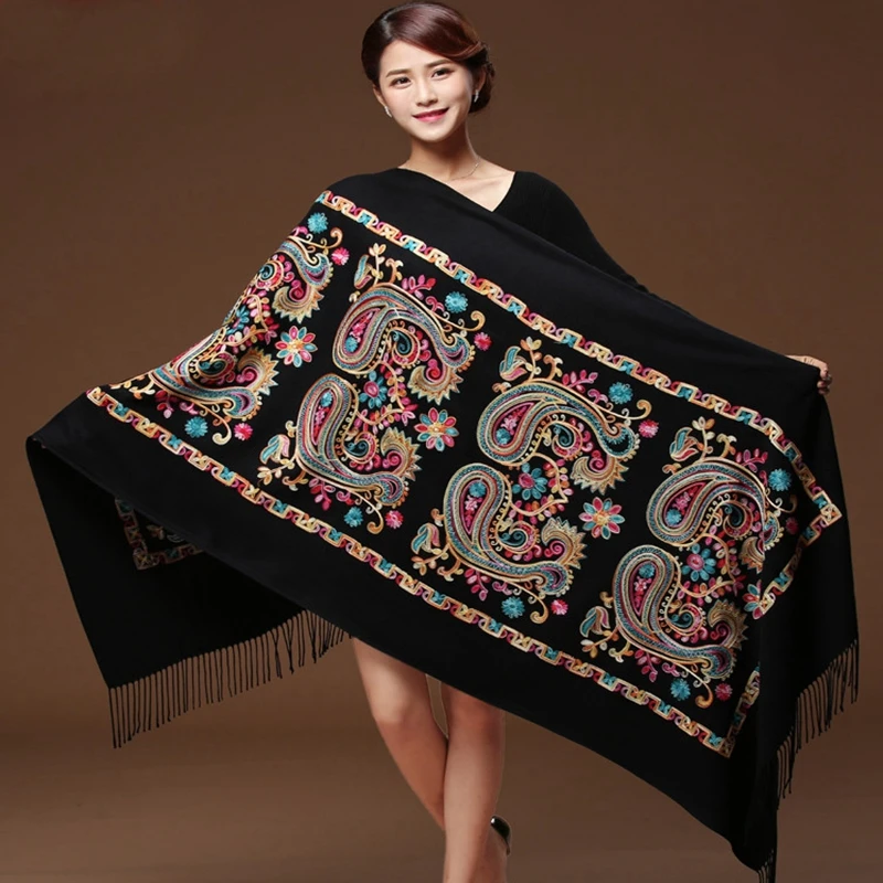Chal con bordado de flores para mujer, bufanda de Cachemira, Pashmina, borlas finas y cálidas, chal de moda, novedad de invierno