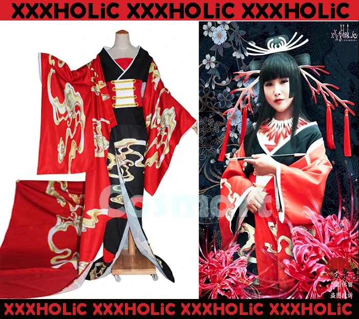 [Customize]Anime XXXHOLiC Figure Ichihara Yuuko Coral Printed Gorgeous Kimono Robe Dress Halloween Cosplay Costume Party Suit