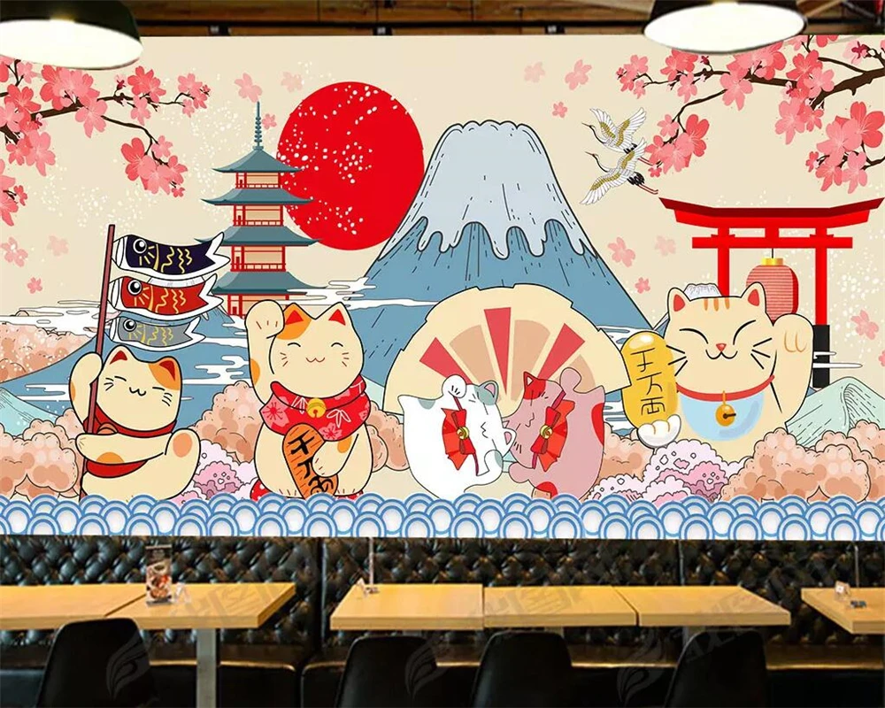 

Custom size wallpaper Japanese style Fujiyama cartoon mural Japanese food sushi restaurant background walls 3d wallpaper photo