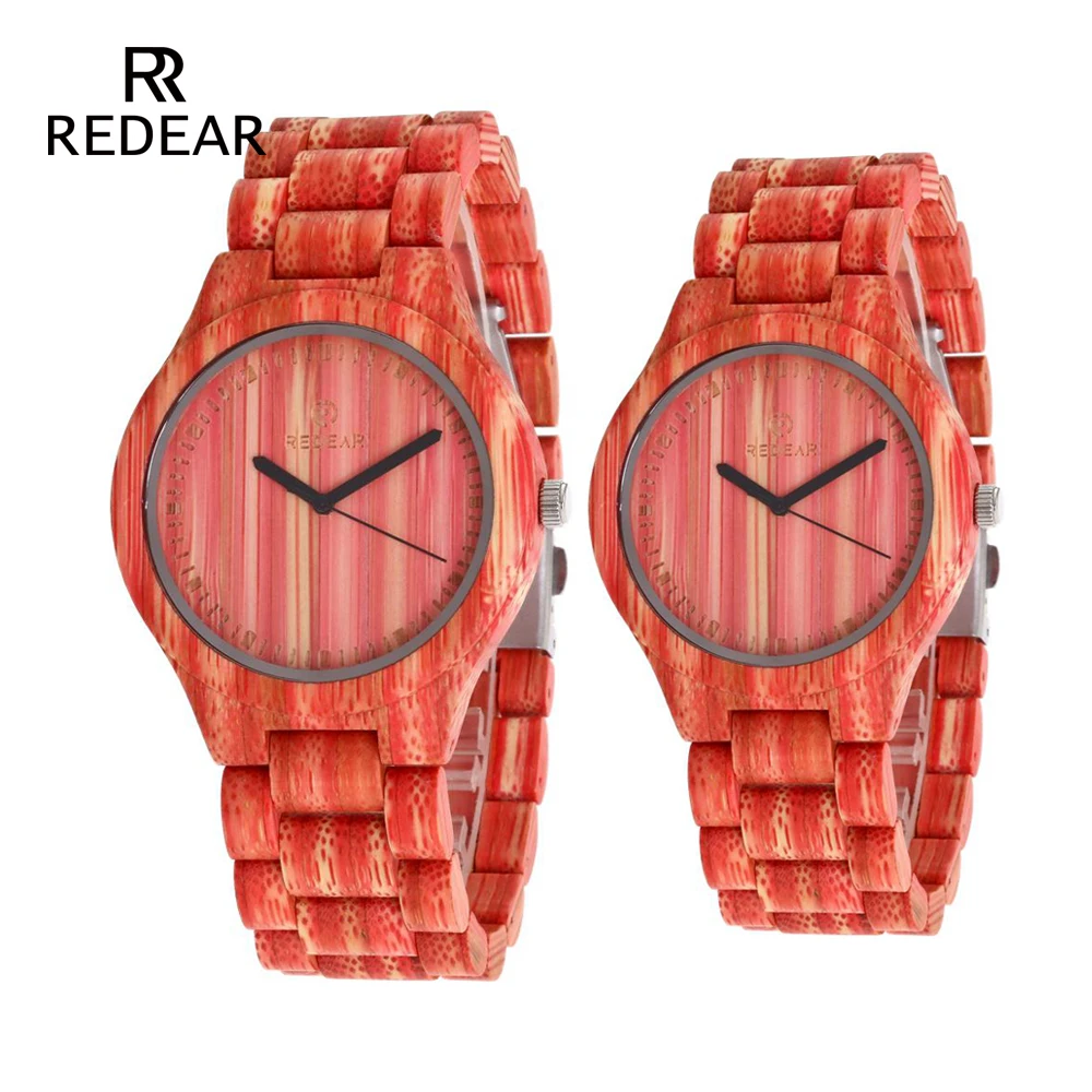 REDEAR OEM Lover's Watches Red Bamboo Wood Watch Woman All Natual Green Bamboo Quartz Watches for Men as Valentines Gift
