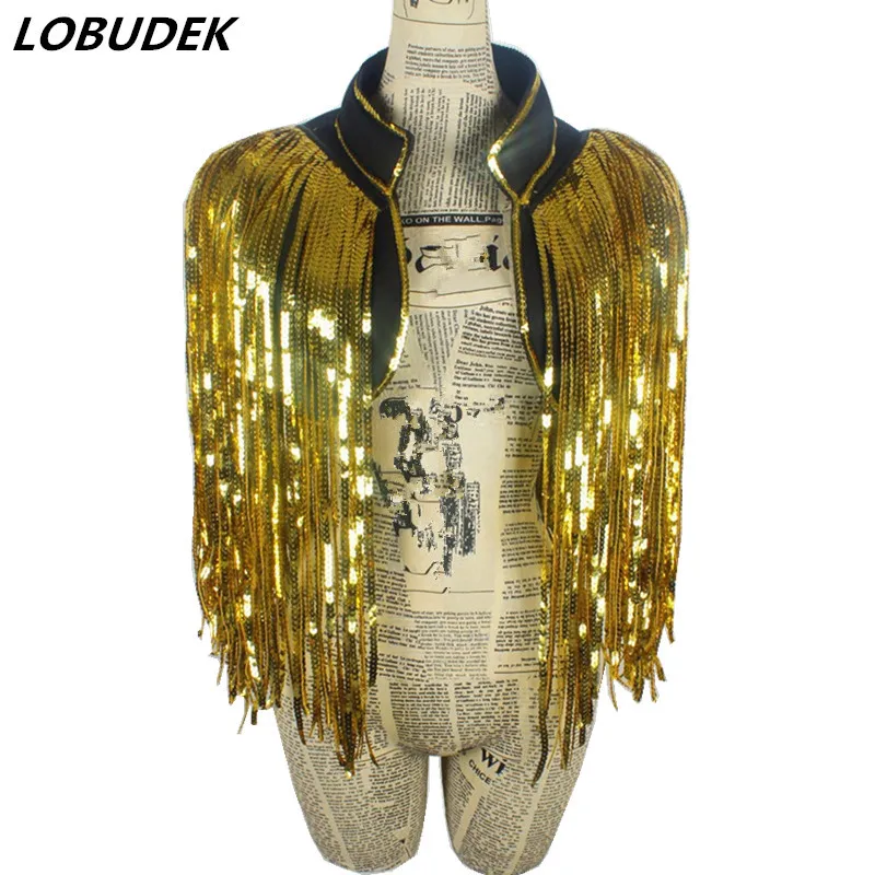 Gold Silver Sequin Tassel Jacket Waistcoat Short Coat Women Dancer Team Performance Jazz Dance Costume Bar Party Show Stage Wear