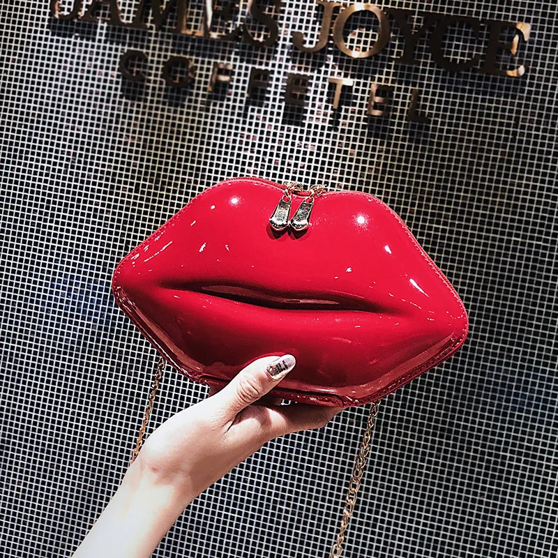 Patent Leather Fashion Sexy Red Lips Design Zipper Chain Pouch Shoulder Bag Ladies Handbag Crossbody Mini Messenger Bag Flap