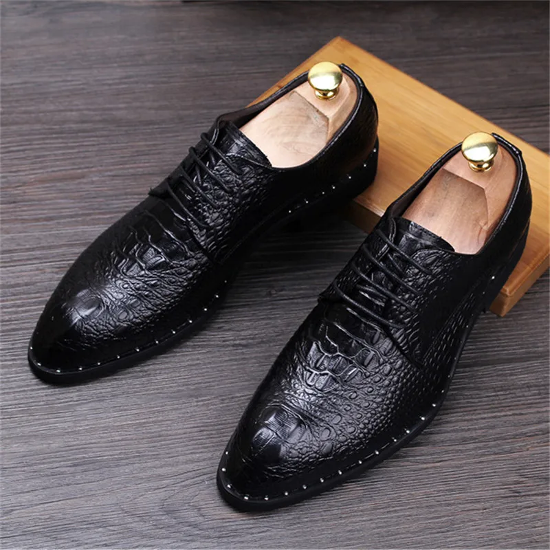 Men\'s Crocodile Dress Leather Shoes Lace-Up Wedding Party Shoes Mens Business Office Oxfords Flats Plus Size Men Fashion