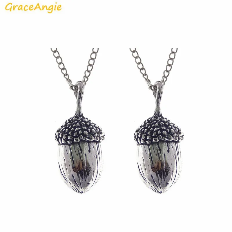 GraceAngie Alloy Silver Color 3D Acorn Pendant Necklace Metal Link Chain Punk Women Men Long Sweater Chain Jewelry Accessory