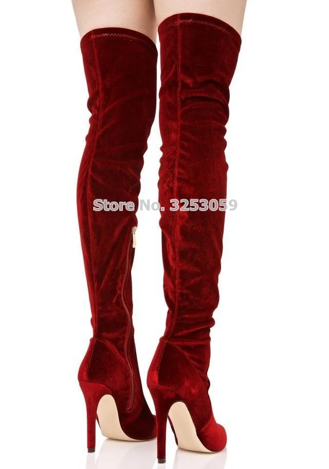 Newest Wine Red Apricot Velvet Long Boots Gorgeous Pointed Toe Over-the-knee Long Boots Thigh High Party Boots Nightclub Boots