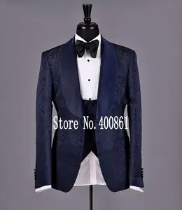 Stylish Design One Button Navy Blue Paisley Groom Tuxedos Groomsmen Shawl Lapel Mens Suits Blazers (Jacket+Pants+Vest+Tie)W:1099