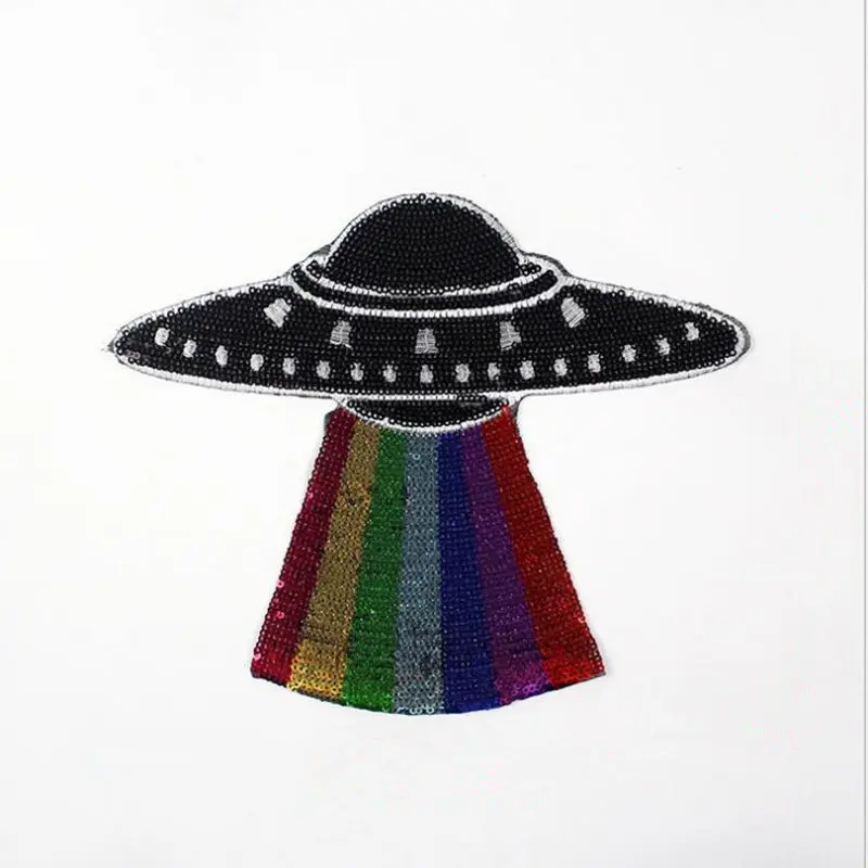 1PCS Sequined Alien ufo Patch Cartoon Garment Appliques Iron Or Sew On Clothes Coat Accessory Planet Stickers Patches