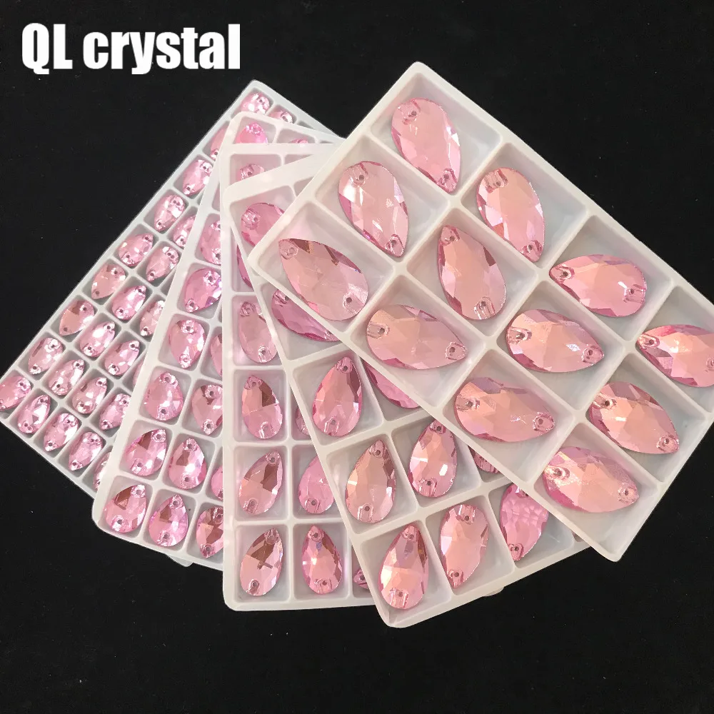 ALL Size QL Crystal 2018 popular Pink Drops Sew On Crystal Stones Sewing On Rhinestone 2 Holes DIY Garment Dress Making