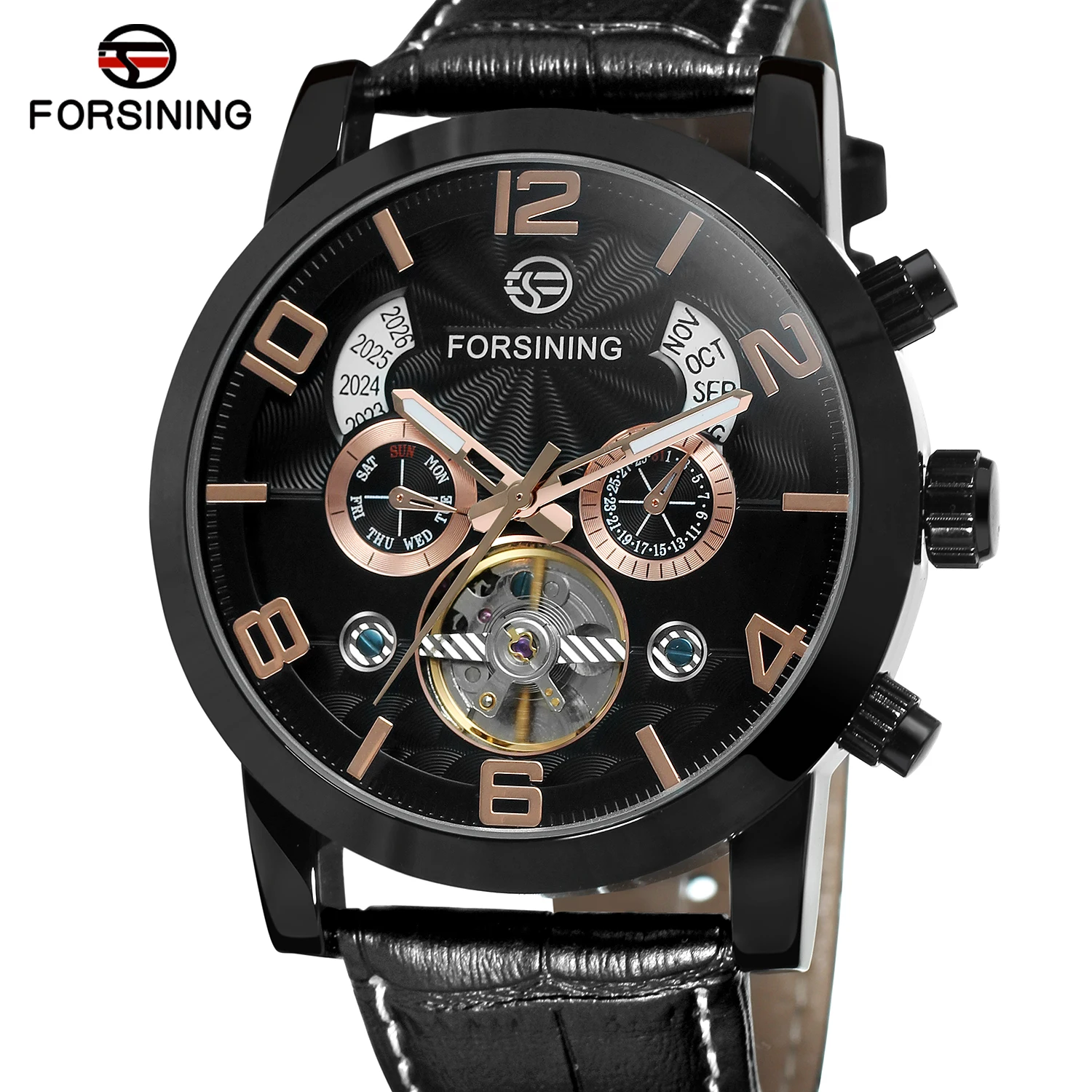 Forsining Golden Bezel Tourbillion Year Month Display Genuine Leather Men Watches Top Brand Luxury Self Winding Automatic Watch