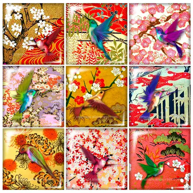 Beauty Birds Hummingbird Magpie 12mm/20mm/25mm/30mm Square photo glass cabochon demo flat back Making findings FB0040