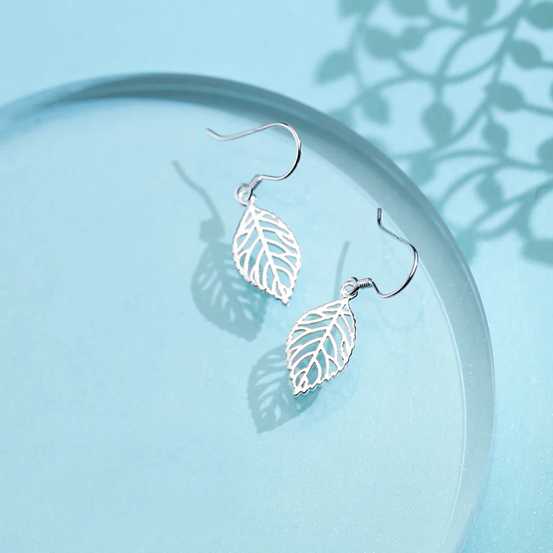 MloveAcc Silk Hollow Leaves Shape Guarantee 925 Sterling Silver Dangle Earrings Fashion Earrings Gift for Girl