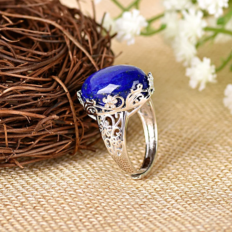 

S925 pure silver inlaid natural Afghan lapis delicate lace opening ring