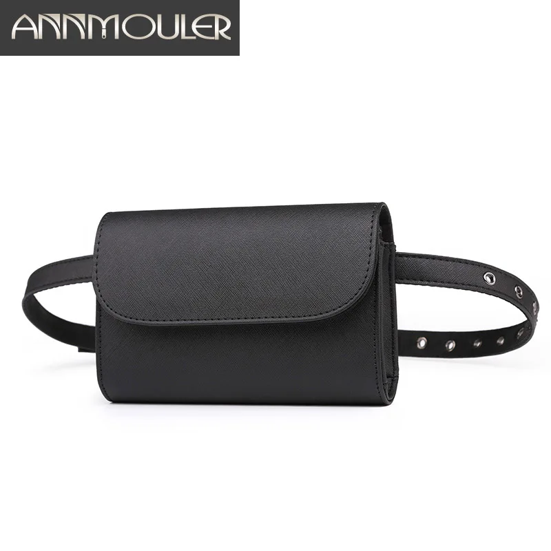 Annmouler Solid Color Waist Packs Fashion Small Fanny Pack Women Black Waist Belt Bag Adjustable Hip Bag for Girls Bum Pouch