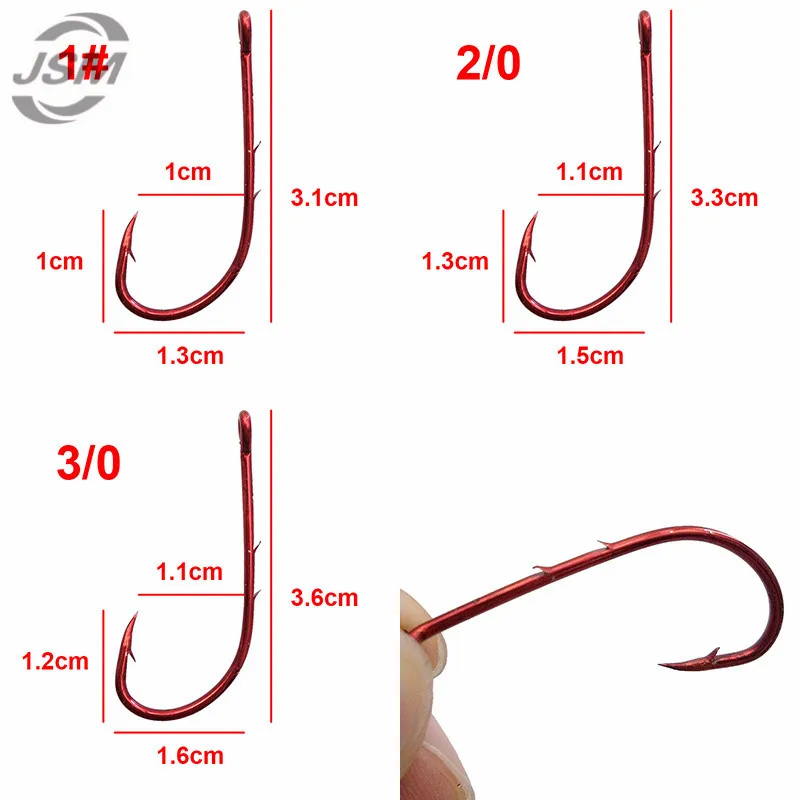 JSM 50pcs 92247 High Carbon Steel Fishing Hooks Red Offset Long Barbed Shank Baitholder Bait Fishing Hook Size 1 2/0 3/0