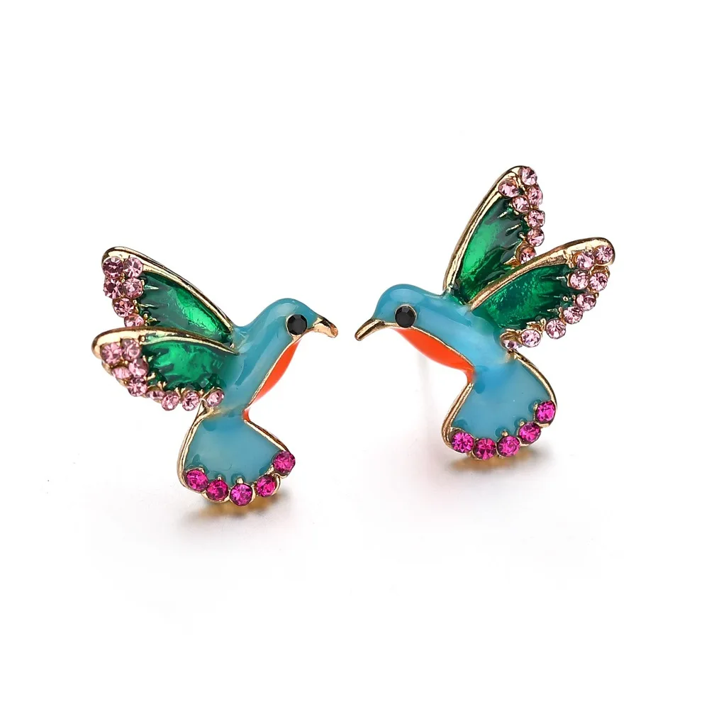 1 Pair Fashion Rhinestone Birds Stud Earrings for Women Vintage Blue Enamel Earring Fashion Jewelry Brincos