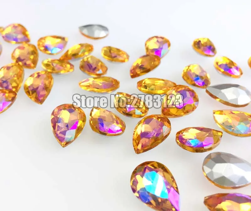 Free shipping Golden yellow AB color Drop shape Crystal glass pointback rhinestones, DIY/Clothing accessories