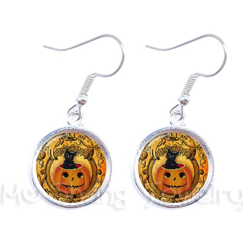 lovely Cat Pumpkin Drop Earrings Round Glass Cabochon Animal Handmade Earrings Creative Halloween Jewlery For Women Girls Gift