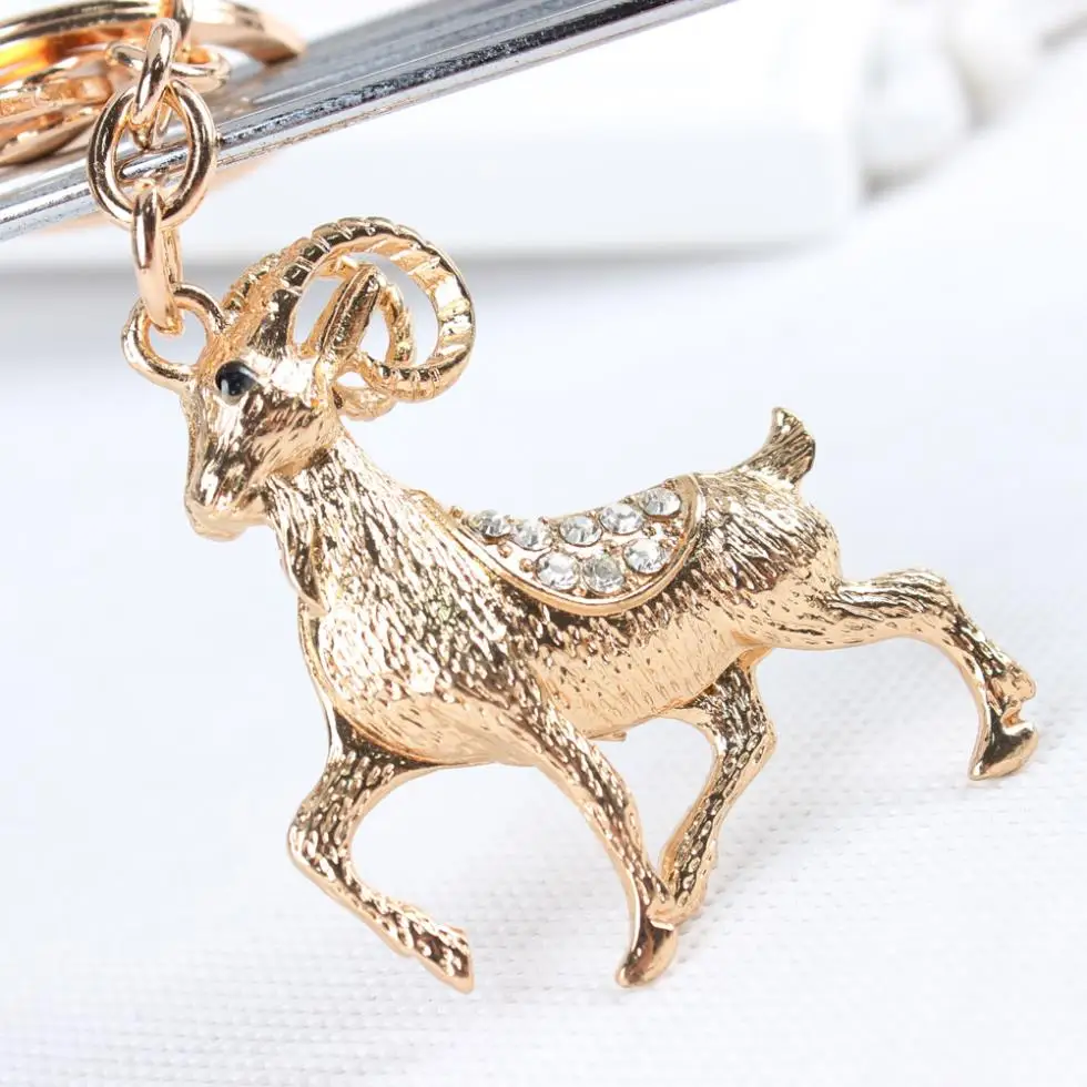 Zodiac Goat Sheep New Cute Crystal Rhinestone Charm Pendant Purse Bag Car Key Ring Chain Creative Wedding Party Gift