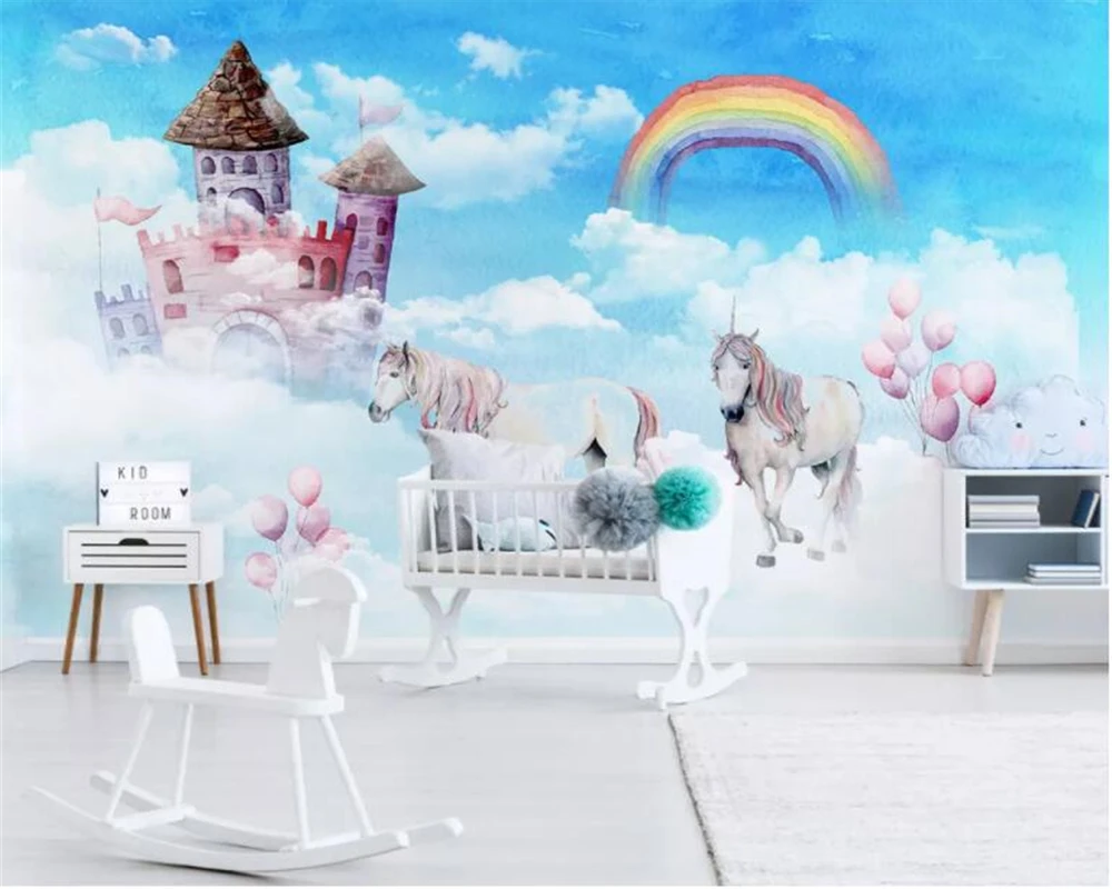 

Customize 3d wallpaper Modern hand painted sky rainbow castle unicorn children's room background wall 3d wallpaper