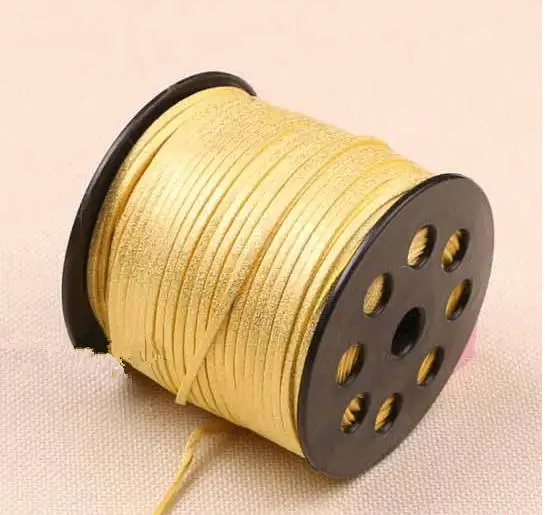 Free Shipping 100Yds Glitter Metallic Gold Yellow Flat faux Leather Suede Cord, 3mm Cord,Faux Suede Cord for Bracelets 3mm