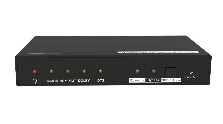 

Audio converter used to extract encoded multi-channel audio (LPCM, Dolby Digital 5.1, DTS 5.1 etc.) from HDMI source RCA L/R