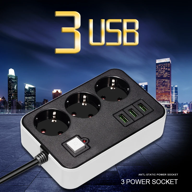 Network Filter Smart USB Power Strip Socket EU Plug 3 Socket 3USB Port 1.8M Extension  Socket Cord  Multi Plug Socket Adapter