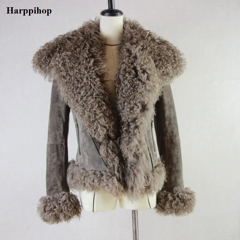 Harppihop Women Real Sheep Fur Coat Winter Warm Fashion Genuine Merino Sheepskin Leather Jacket Natural Real leather  Coat