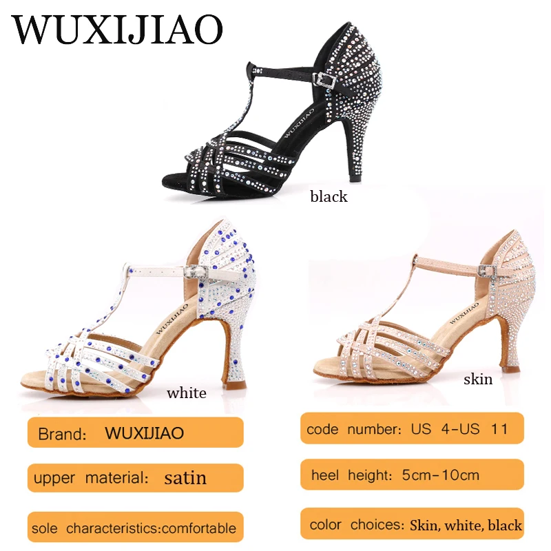 WUXIJIAO Women Party Dance Shoes  Satin Shining rhinestones Soft Bottom Latin Dance Shoes Woman Salsa Dance Shoes heel5CM-10CM