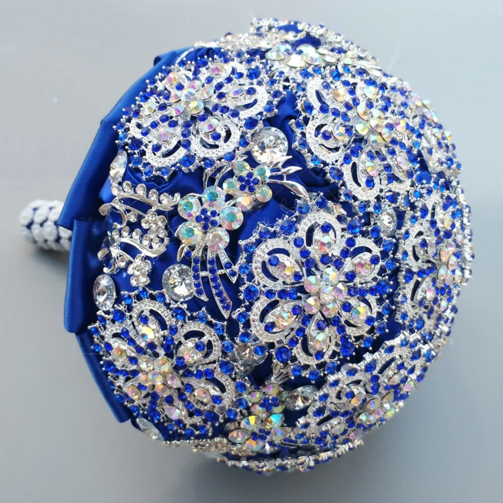 Luxury Blue Full Crystal Wedding Bouquet Brooch Bouquets Bridal Artificial Roses Flowers Custom Made Bridal Bouquet De Novia