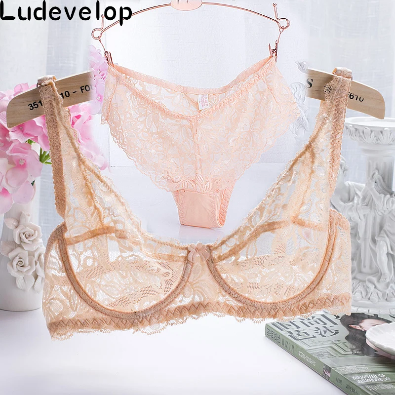 Newest Very Sexy Women Half Cup Lace Bra + Briefs Plus Size Ultra-thin Sexy Plunge Bra Sets 32-40 A B C Cup Free Shipping
