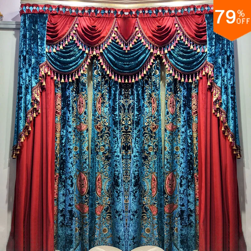 New European and American high-end Mediterranean Sea embroidery Super Luxury Palace Drapes with Valance Super Designer Curtains