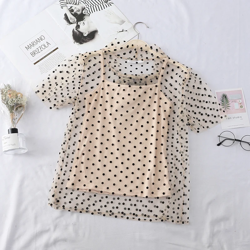 2 PCS di Estate Delle Donne Manica Corta In Pizzo Up Fasciatura di Base della Camicia Dell'arco Nuovo Casual Slim A Vita Alta Pullover Polka Dot camicetta di Chiffon Magliette e camicette