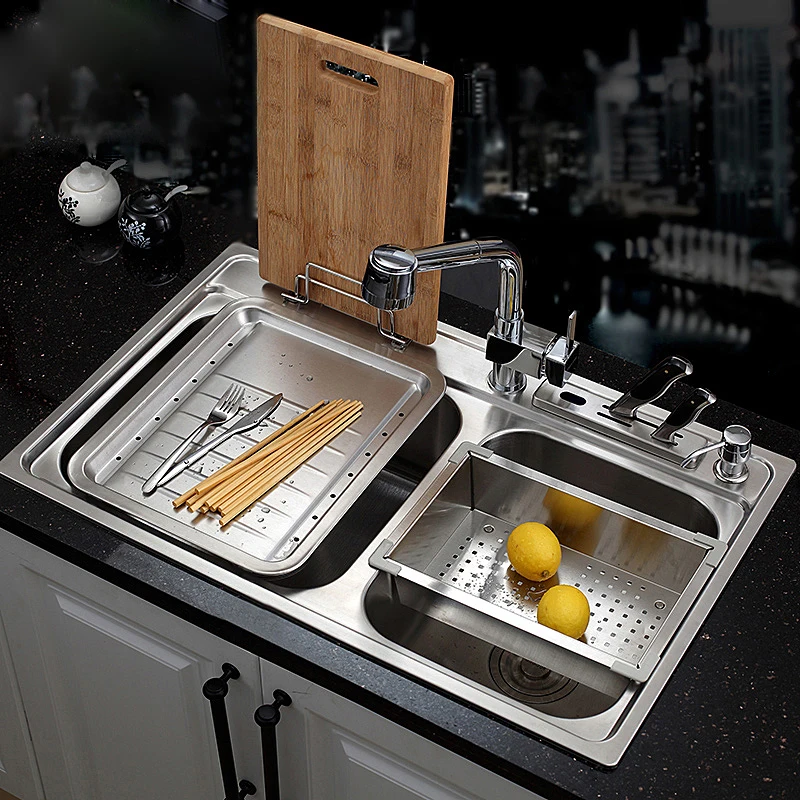 Stainless Steel Kitchen Sink Undermount WitHot Cold Bass Pull-Out Faucet Knife Block Chopboard Double TrougVessel Set