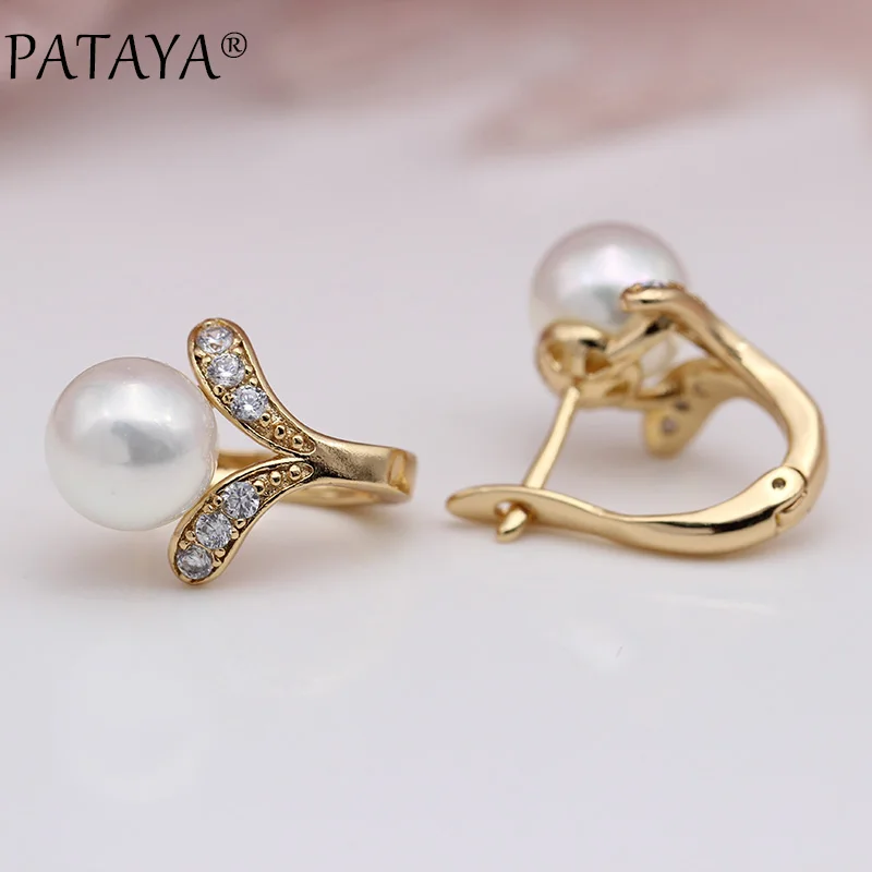 PATAYA New 585 Rose Gold Color Earring Women Fashion Round Shell Pearls Jewelry Coral Red Natural Zircon Dangle Earrings