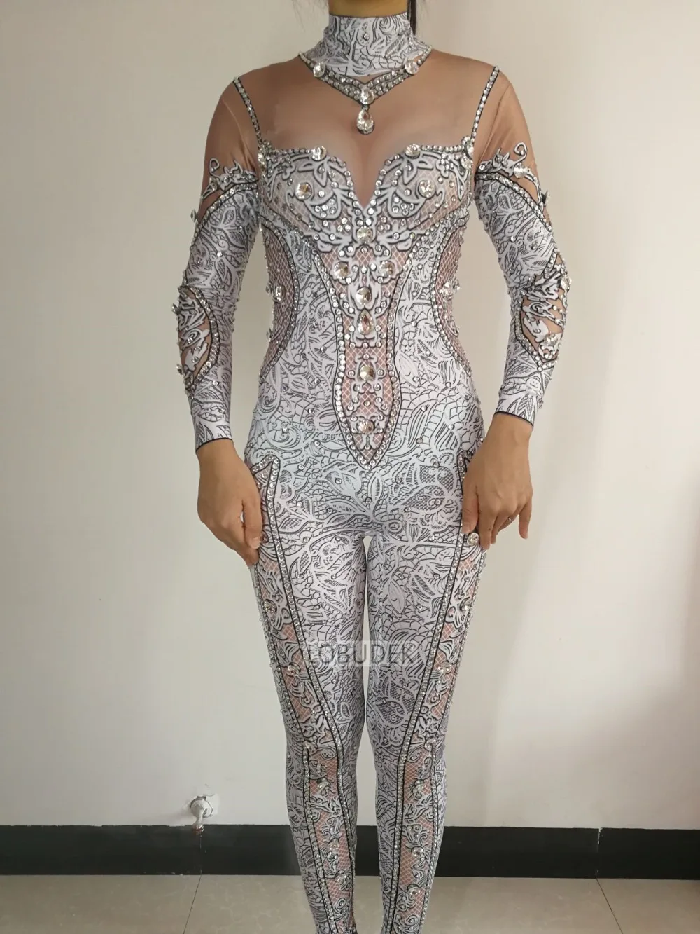 Vintage Printing Rhinestones Skinny Jumpsuit Women Stretch Shining Dance Costume One-piece Bodysuit Nightclub Party Leotard