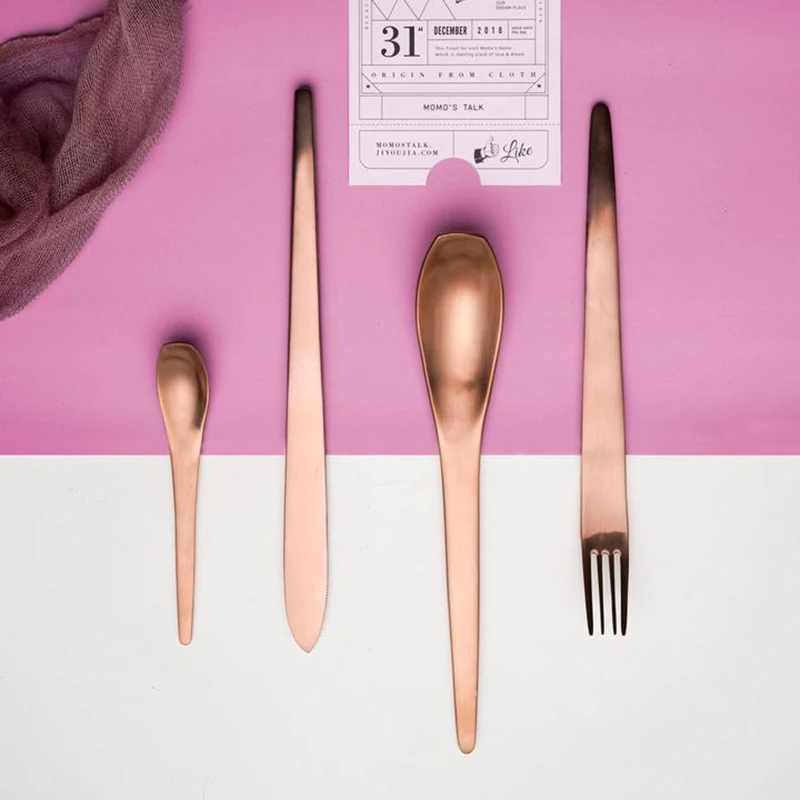 ROSE Gold Japanese style Matte stainless steel cutlery sets fork knife scoop set dessert fork dinnerware set drop shiping