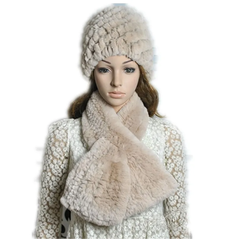 Real fur hat &scarf set female warm gift for autumn and winter natural rex rabbit fur cap neck warmer New Design Camel whiteH301