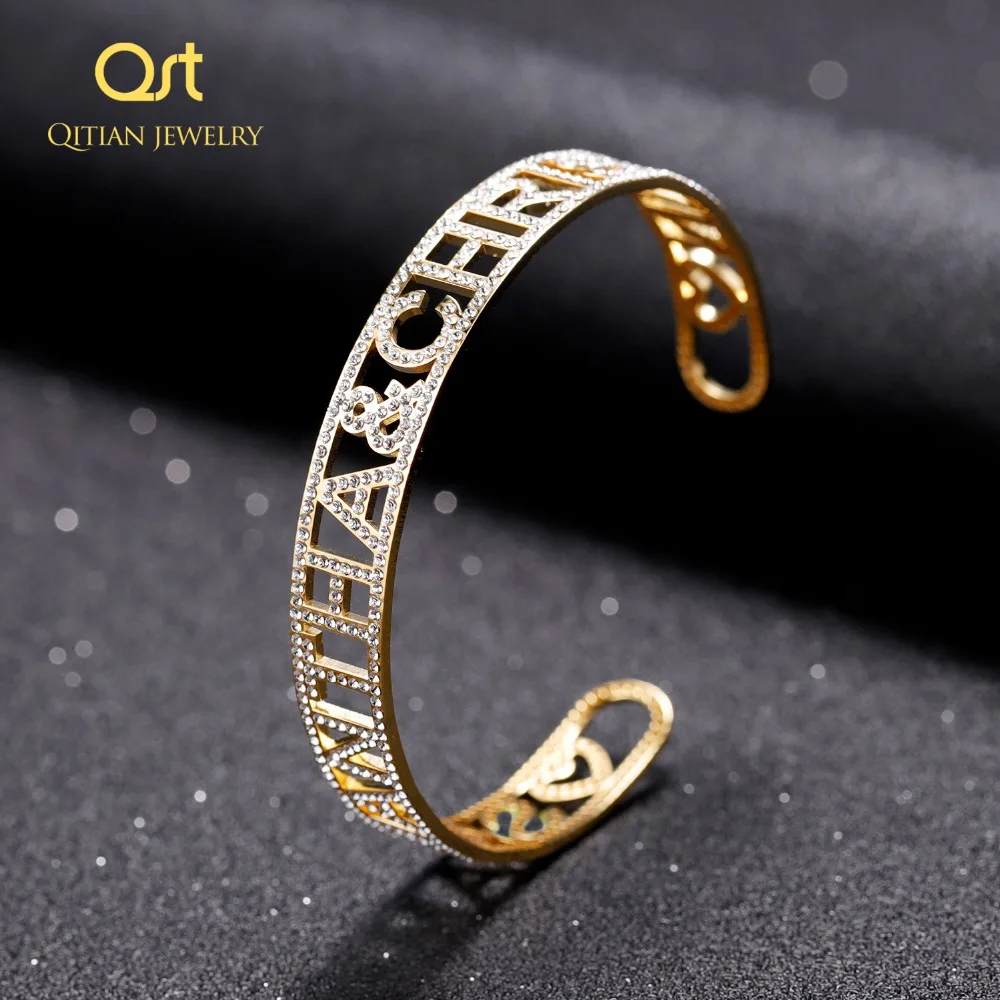 Gold  Name Bangles   Iced Out Personalized ID Family Lover Nameplate Faith Letter Bangles & Bracelet Stainless Steel Adjusted