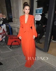 Europe And The United States 2022 New Sexy V-neck Lanterns Sleeves Orange Temperament Elegant Swing Beach Dress