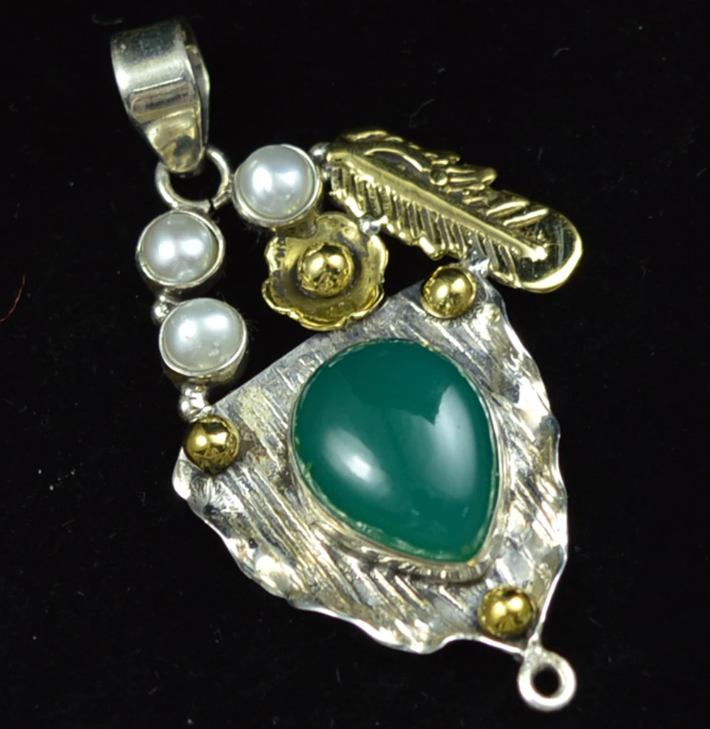 

Hand make Green Onyx + Pearl Pendant 100% 925 Sterling Silver, 52.1 mm , AP6166