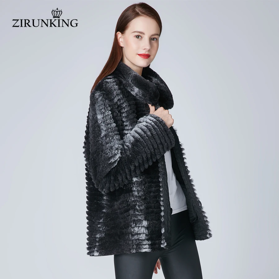 ZIRUNKING Wanita Real Rex Kelinci Bulu Jaket Hitam Wanita Reversibel Bulu Mantel Jaket Alami Rex Kelinci Bulu Kerah Pakaian ZC1864