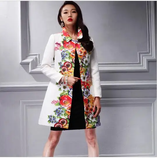 

Plus size S-4XL 2024 Trench coat women turn-down collar white Women flower print jacquard outerwear Women's Overcoat jacket