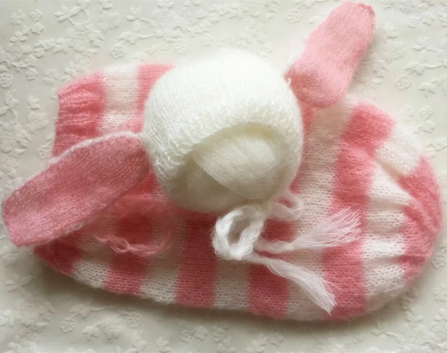 

Vintage Pink Newborn Bunny Hat Photography Props Knitted Mohair Sack Set Baby Sleeping Bag Soft Newborn Bonnet Outfit Photo Prop