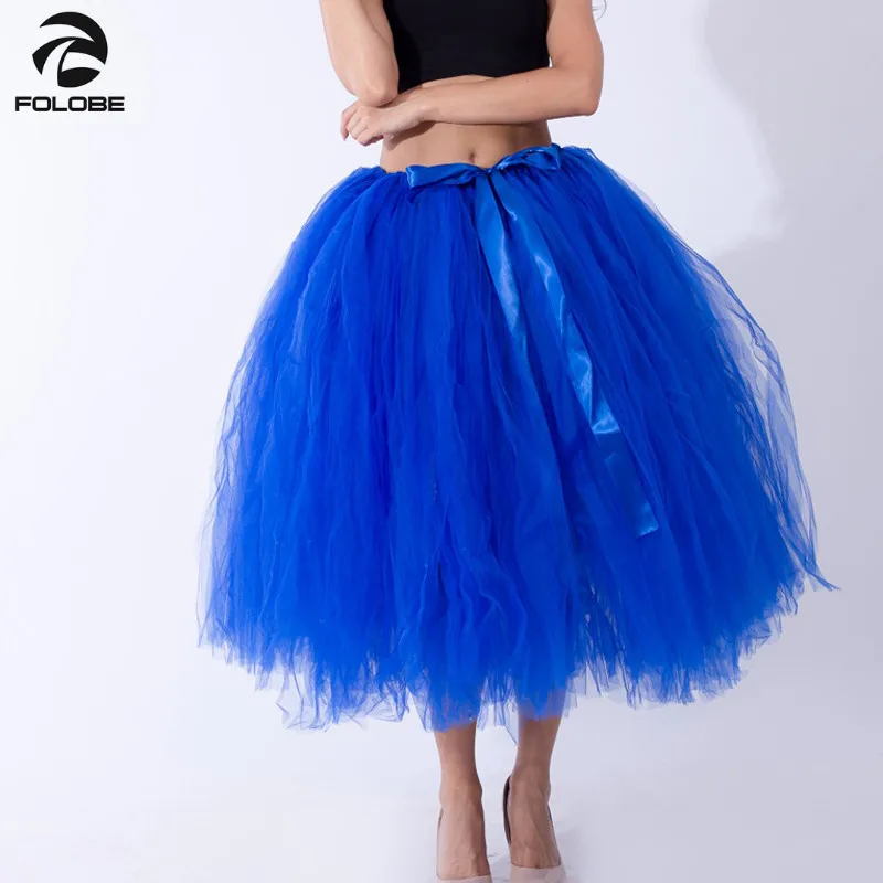 

FOLOBE Royal Blue Vintage Tulle Cosplay Skirt Tutu Maxi Long Skirts Womens Slim High Waist Skirt Jupe Longue Skater Skirt TT015