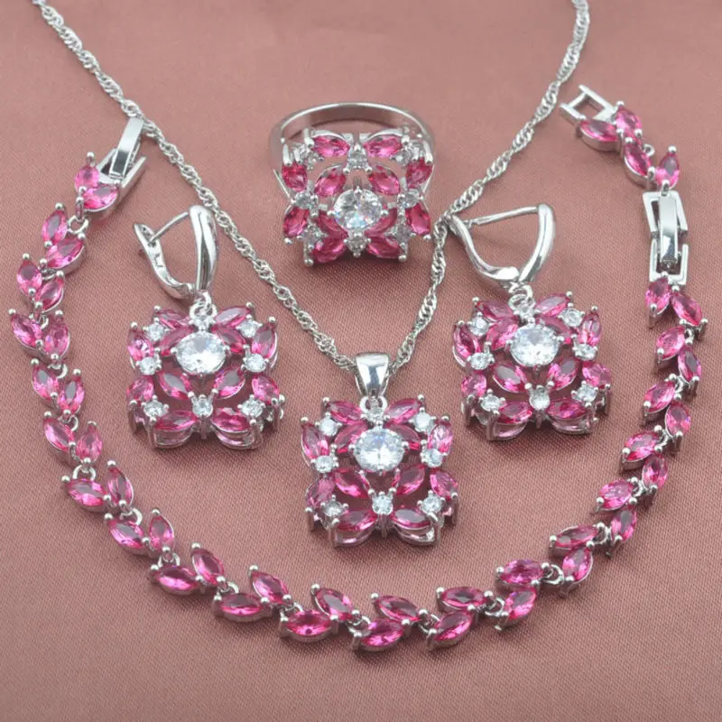 

2022 New AAA Quality Rose Red Zirconia Women's Wedding 925 Silver Jewelry Sets Bracelet Necklace Pendant Earrings Ring YZ0363