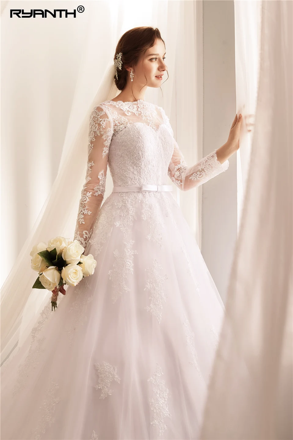 Ryanth Áo Dây De Mariage Ren Tay Dài Váy Áo 2022 Trắng Một Dòng Vestidos De Novia Vintage Áo Cưới Brautkleid