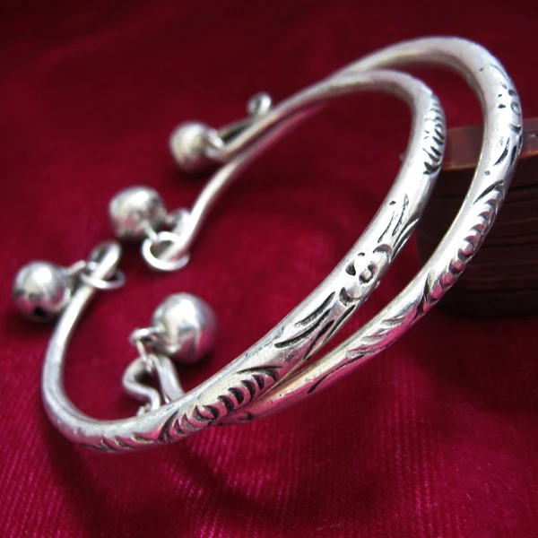 

Miao Ethnic Jewelry Handmade Miao Silver Jewelry Women's Carved Bell Bracelet Anklets