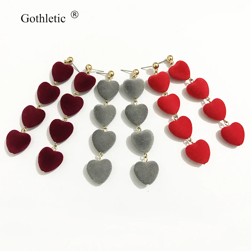 Gothletic Velvet Heart Earrings for Women 4 Love Hearts Long Dangling Earrings Burgundy Statement Earrings Fashion Jewelry