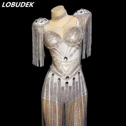 Sparkly White Rhinestones Tassels Epaulet Bodysuit Sexy Fashion Female Singer Stage Wear Nightclub Dancer Group DJ Dance Costume